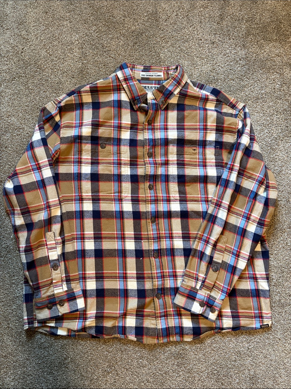 Duluth Trading Co Tan, Navy & Red Plaid Button-Down Shirt